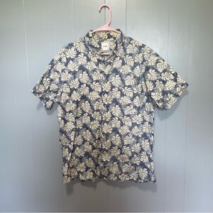 ROWM Short Sleeve Hawaiian Flower Button Down Shirt Large Blue Cream